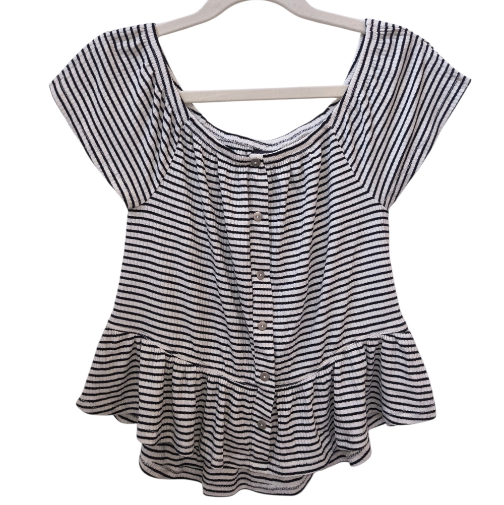 art class Black & White Striped Button-Front Peplum Blouse